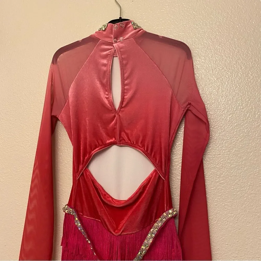 WEISSMAN Dance Costume hot pink fringe velvet mesh sleeve All The Ways 13290 SA